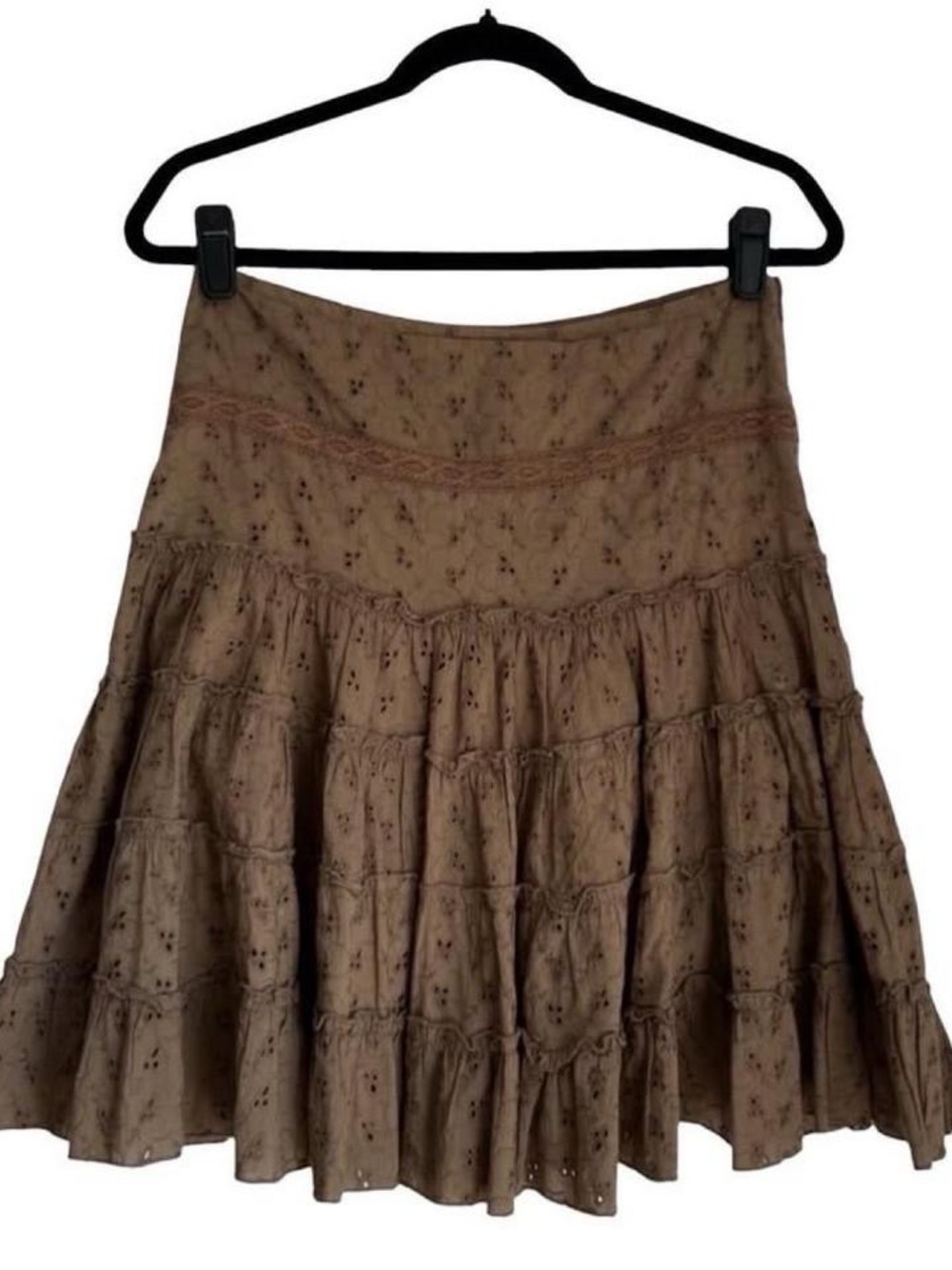 Vintage Eyelet Tiered Circle Skirt Flowy Boho Mini Olive Green Khaki Y2K lace